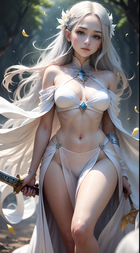 Beautiful female emperor, Crystal clear skin, Beautiful appearance, There is deep wisdom in her eyes, It was as if she had seen through everything in the world, Dressed in a gorgeous white robe, Holding a long sword, Dancing robes in the breeze，Silver hair...