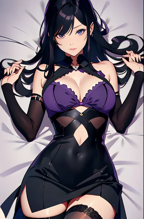 Whole body diagram，Super sexy pictures，Long black hair，Sexy figure，Dark black stockings，A woman in a purple dress, , Detailed anime artwork, Woman in short purple skirt，detailed anime art,