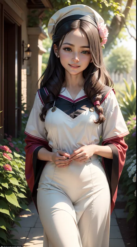 A girl with a relieved expression, holding a diploma, standing in a beautifully decorated garden. She is wearing a graduation gown and cap. The garden is filled with blooming flowers, lush greenery, and a clear blue sky. The sunlight is gently shining down...