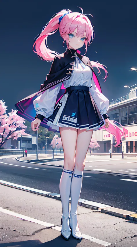 (best quality,4k,high resolution, masterpiece:1.2), ultra-detailed, a girl with vibrant pink hair and blue eyes, with a lively ponytail, standing by the roadside, (beautiful detailed eyes, sparkling eyes full of excitement:1.1), (long double ponytails:1.1)...