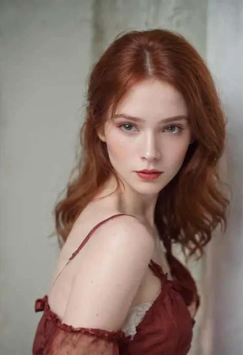 (((a deep reddish wound crosses her left cheek))) full body shot, fair complexion, woman around 19 years old, name Lyra, natural ginger hair, messy hair, distinctive green eyes, wearing summer dress, no bra, slender and graceful, beautiful, slightly sexual...