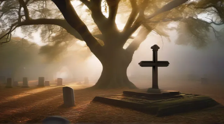 A small cross,ancient tamarind tree,large tree shadow,dry leaves,serene atmosphere,misty background,moss covered tombstone,weathered gravestone,solitary,touch of sadness,peaceful graveyard,sepulchral silence,subtle golden sunlight,ethereal mood,solace in s...