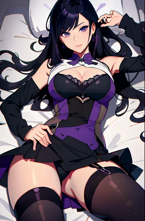 Whole body diagram，Super sexy pictures，Long black hair，Sexy figure，Dark black stockings，A woman in a purple dress, , Detailed anime artwork, Woman in short purple skirt，detailed anime art,