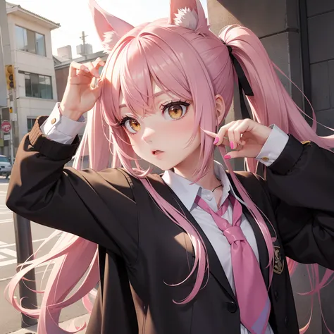 Yellow eyes, Pink hair with two buns, girl, school uniform, werewolf features