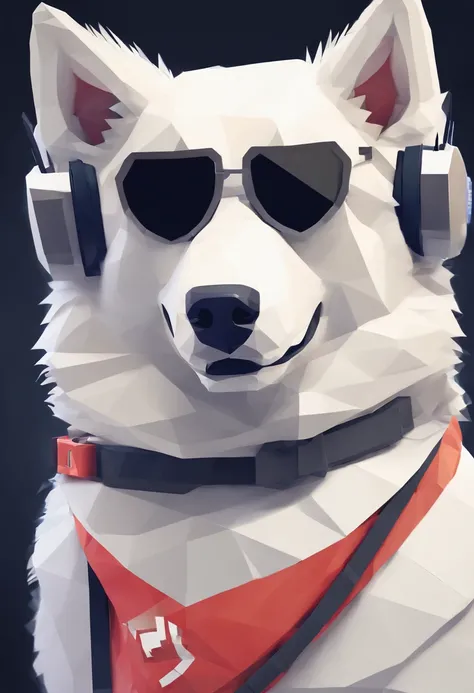 Samoyed in headphones and a bandana around his neck