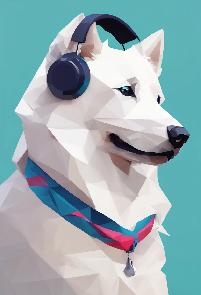 Samoyed in headphones and a bandana around his neck