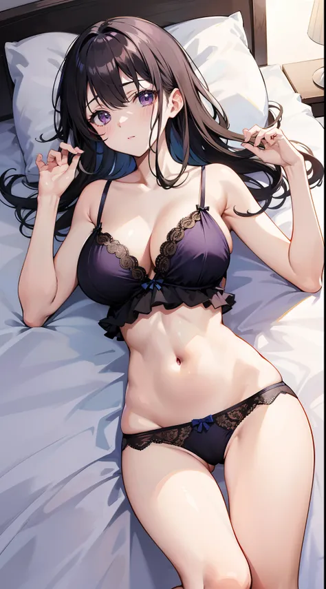 masutepiece、hight resolution、1girl in、in ones underwear only、Dark purple lingerie、large full breasts、Lying on your back in bed、Cute anime illustration、