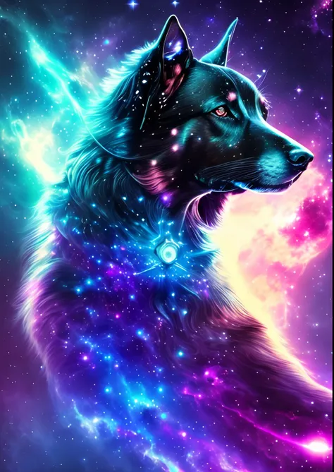 dreamlikeart, galaxy, outer space, nebula, star, [cyberpunked] Dog from the stars (star:1.5),