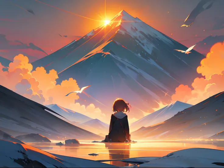 A flock of birds flies across the sky, creating a contrast with the white snow that covers the mountain peaks. The sun is setting behind the mountains, casting a warm glow over the scene. a lone woman who sits, looking at the horizon. The colors of the sky...