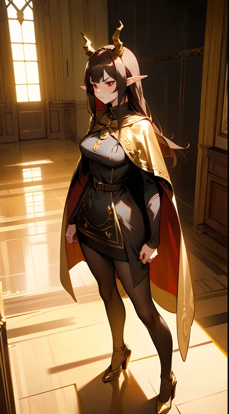 1woman,40 years,madure woman,solo,angry face,golden and black short dress,medium tits,dark hair,long hair,red eyes,elves ears,golden horns,pantyhose,cape,(((standing in front of a room inside a castle)))