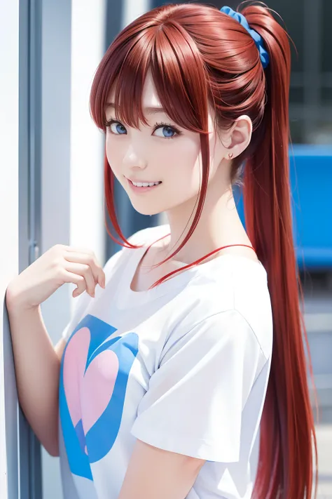 from the front side、Red hair、Long hair、Side tail、bustshot、Hair is tied at the side、Blue scrunchie、Her hair is tied up in a blue scrunchie.、Hair tied at the side、Princess、White T-shirt、Open your mouth and laugh out loud、A smile、Looking from the front、Blue h...