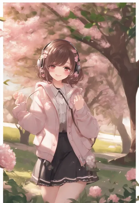 (masterpiece),(best quality),(ultra-detailed), (full body:1.2), 1girl,chibi,cute, smile, open mouth, flower, outdoors, playing guitar, music, beret, holding guitar, jacket, blush, tree, :3, shirt, short hair, cherry blossoms, green headwear, blurry, brown ...