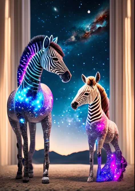 Complex clear glass interstellar nebulae [zebra] Statues made of galaxies,  Flora and fauna,  Hyper-Realistic,  ultra-detail,  Elegant,  Beautiful,  1 Tail