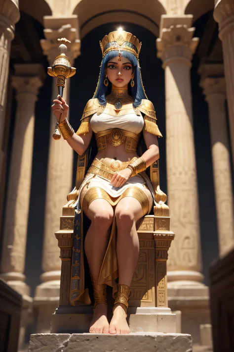 /imagine prompt: Cleopatra VII Philopator, one of the most iconic figures in history, she was the last queen of Egypt and played a significant role in the political landscape of the ancient world. His life and reign are shrouded in mystery and intrigue, Bu...