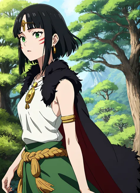 ghibli style, san (mononoke hime), 1girl, armlet, bangs, black hair, black undershirt, breasts, cape, circlet, earrings, facepaint, floating hair, forest, fur cape, green eyes, jewelry, looking at viewer, medium breasts, nature, necklace, outdoors, parted ...