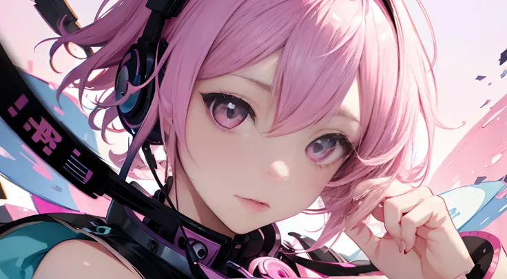 Girl with pink hair shortcut、headphones、kawaii、big eye、Pink eyes、illustratio、animesque、detailed portrait, Surrounded by a kaleidoscope of colors and textures, extremely detailed and lifelike, Professional color grading, Soft shadows, No contrast, Clean Sha...