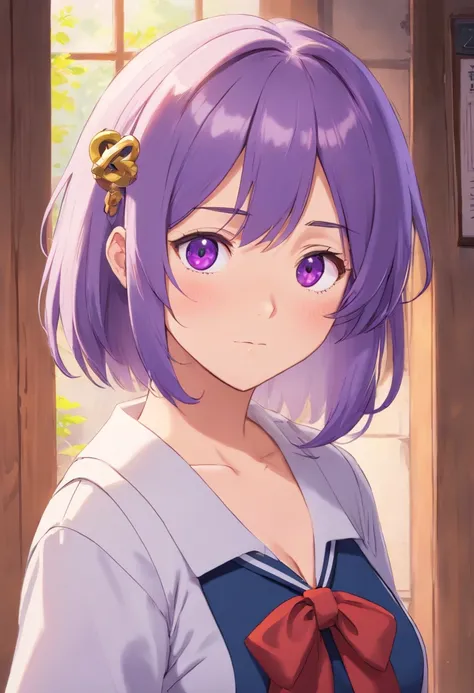 2D, Masterpiece, Best quality, anime big breast, Highly detailed, 1girll, Solo, Yuri, Purple eyes, Purple hair, hair between eye, hair pin, school uniform, Jan Dere face