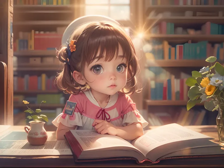 Little girl, Library reading,Outside the window,and the sun was shining brightly.the detail, 8K, k hd, best qualityer.