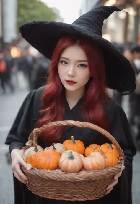 woman with red hair、japanes、Halloween Witch Cosplay、Street snap of Shibuya in Japan、Black cloak、There are sweets in the basket、Pointy hat