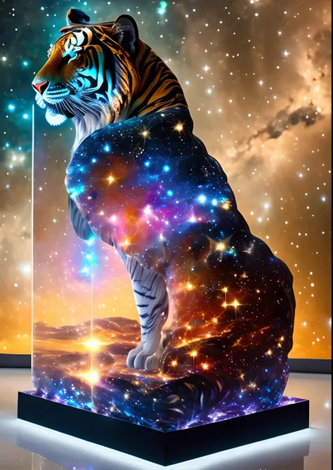 Complex transparent glass interstellar nebula tiger　Statues made of galaxies,  Animals,  Hyper-realistic,  ultra-detailliert,  Elegant,  Beautiful,  1 tail