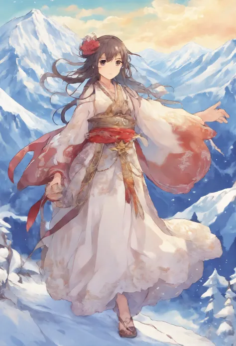 Kikurihime Hakusan, Goddess standing on snowy Hakusan mountain. Kikurihimes background is a cloudless blue sky。