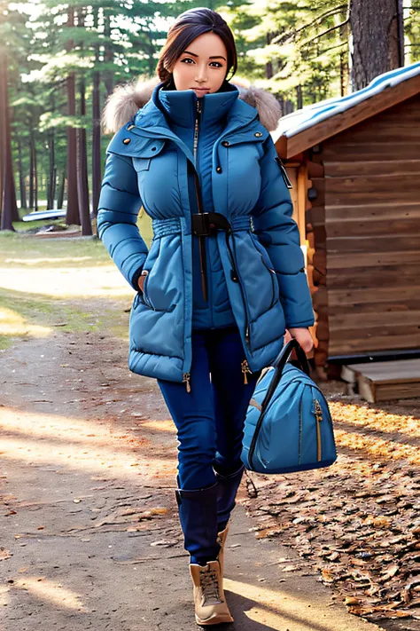 Make a woman with big breast, Blue long winterjacket , with open zipper, with face, body, Lakeside house, travel bag, dog,Nude