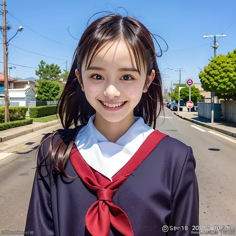 (8k, best quality, masterpiece: 1.2), (realistic, photorealistic: 1.37), super detailed, one girl, solo, cute, beautiful detailed sky, (smile: 1.2), (grin), beautiful detailed eyes, floating hair, (uniform: 1), stockings, full body, street, thin