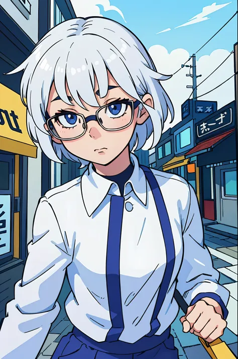 (beste-Qualit:0.8), (beste-Qualit:0.8), Perfect anime illustrations, Extreme close-up of a beautiful girl walking through the city,  whitehair, Short Hair Hair, Cute glasses,