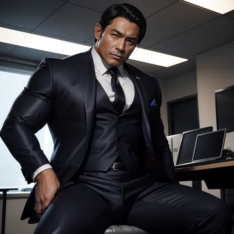 50 years old,daddy,shiny suit sit down,k hd,in the office,muscle, gay ,black hair,asia face,masculine,strong man,the boss is erect