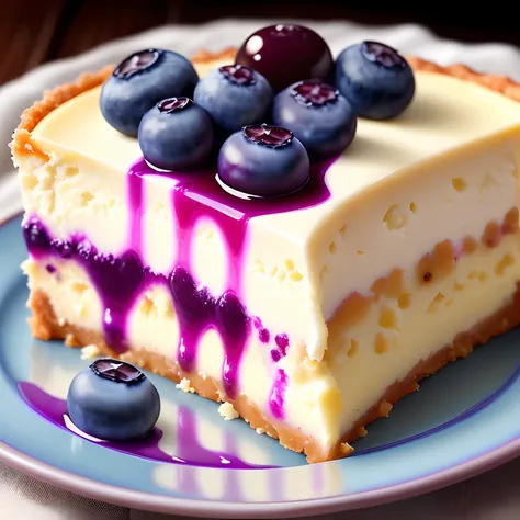 Slice of Lemon cheesecake, with blueberries sauce on it, macro shot with 90mm lens, photo realistic, high details, realistic, macro photography, perfect lighting,