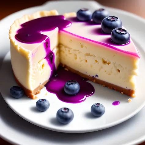 Slice of Lemon cheesecake, with blueberries sauce on it, macro shot with 90mm lens, photo realistic, high details, realistic, macro photography, perfect lighting,