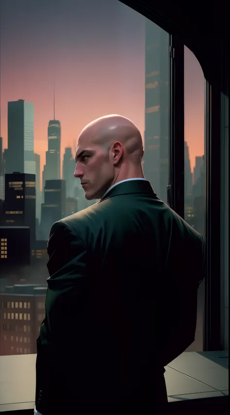 1 man, solo, upper body shot, Lex Luthor, middle-aged man, bald head, square jawline, lean muscle, broad shoulder, emotionless face, bald head, no hair, wearing a black suit, bright green tie, black dresshirt, city in the background, dusk, view from behind...