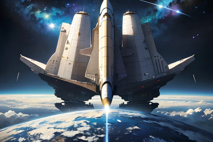 ((Best quality)), ((Masterpiece)), ((Ultra-detailed)), (illustration), (Detailed light),cosmic space，space shuttle，Space battleships