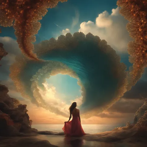 (Masterpiece, Top  Quality, Best Quality, Official Art, Beautiful and aesthetic:1.2), (1.3 The Flying Girl from a Distance..), Extremely detailed, Long shapeless hair, (fractal art:1.3), colourfull, Cinematic lighting, the ocean, sky, clouds, ethereal, bea...