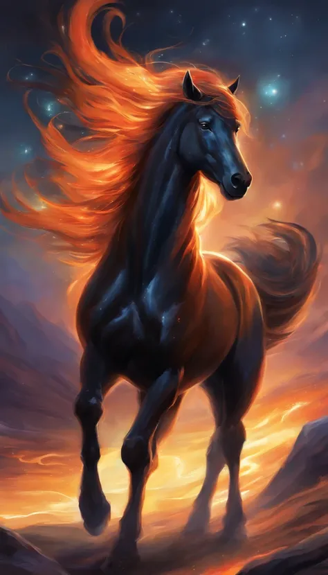 horse, shiny black fur, powerful, strong, long tail, eyes that gleam like fire,striking coat of deep obsidian