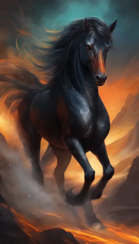 horse, shiny black fur, powerful, strong, long tail, eyes that gleam like fire,striking coat of deep obsidian