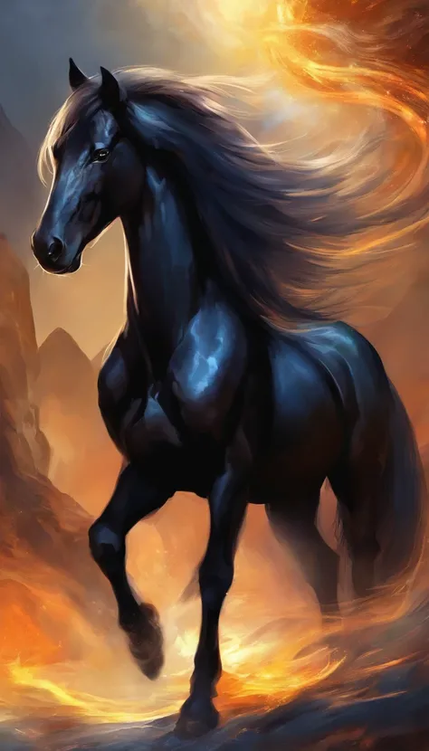 horse, shiny black fur, powerful, strong, long tail, eyes that gleam like fire,striking coat of deep obsidian