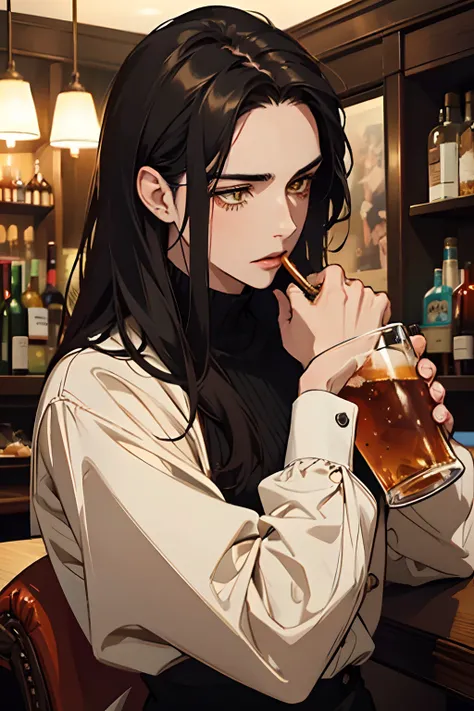 A clear and sharp focus, in a realistic portrait style with warm colors and soft lighting. (best quality, masterpiece: 1.2), 1 man, teenager, sexy, with black hair, yellow eyes, red lips with pale skin tone and dark circles having a drink in a bar, with se...