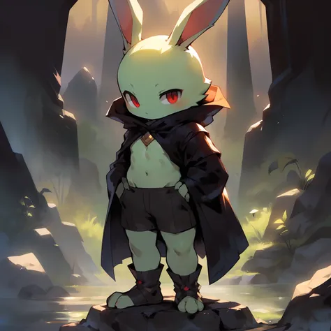 Best quality，Masterpiece，((solo person))，((byself))，a black cloak，Black  shorts，Black socks，Stand on a stone slab，(Short stature)，（bit girl)，((The bald head has no ears，rabbit Facial Features，rabbit Body Features))，red eyes，（bunny tail），（White belly），（Pale...