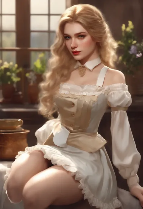 14-year-old girl in maid outfit with big breasts (Gotischer Stil) ripped skirt golden body proportions messy blonde hair (Inner spread feet) (Sehr detailliertes CG Unity 8k Hintergrundbild) big torn skirt ruddy and shy Ed Blinkey America&#39;s most beautif...