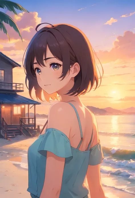 tmasterpiece，best qualtiy，beachside，closeup cleavage，small houses，the sunset