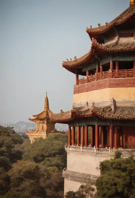 Um grande palacio chines dourado, vista de frente, com torres pagode em volta, janelas de vitrais coloridos, ensolarado, em xangai