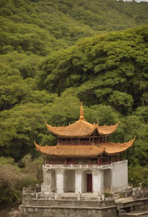 Um grande palacio chines dourado, vista de frente, com torres pagode em volta, janelas de vitrais coloridos, ensolarado, em xangai