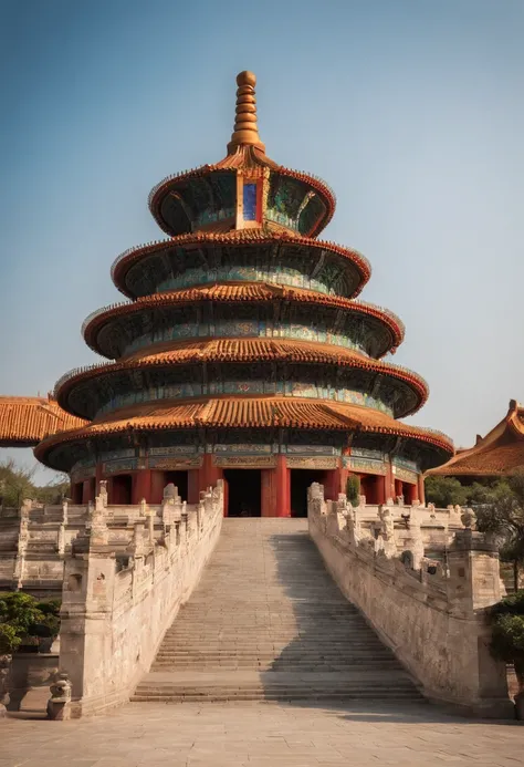 Um grande palacio chines dourado, vista de frente, com torres pagode em volta, janelas de vitrais coloridos, ensolarado, em xangai