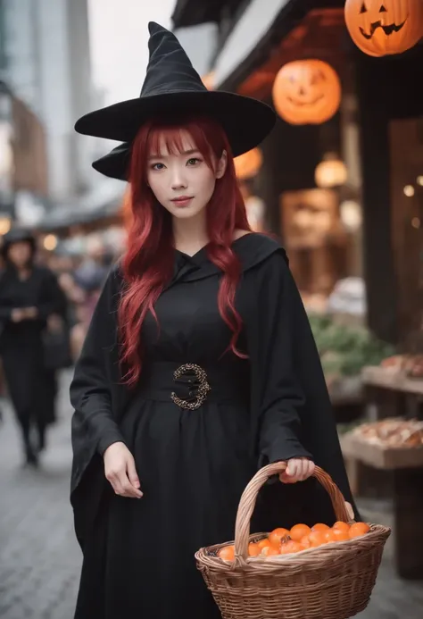 woman with red hair、japanes、Halloween Witch Cosplay、Street snap of Shibuya in Japan、Black cloak、There are sweets in the basket、Pointy hat