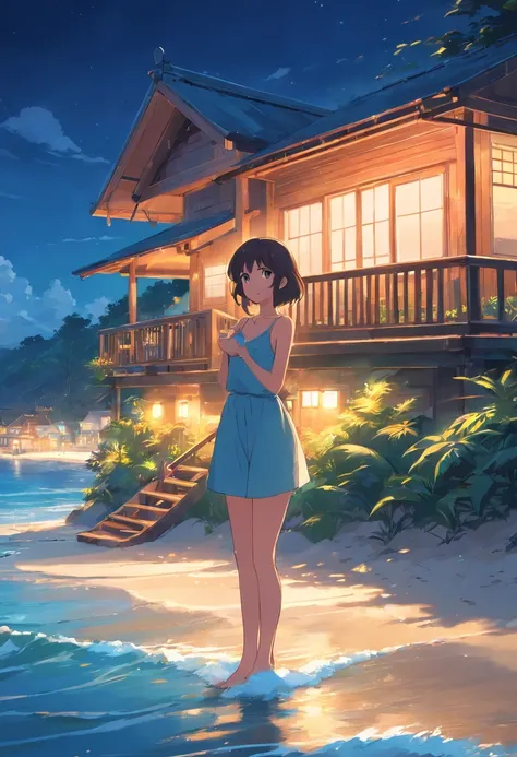 best qualtiy，beachside，closeup cleavage，small houses，the night