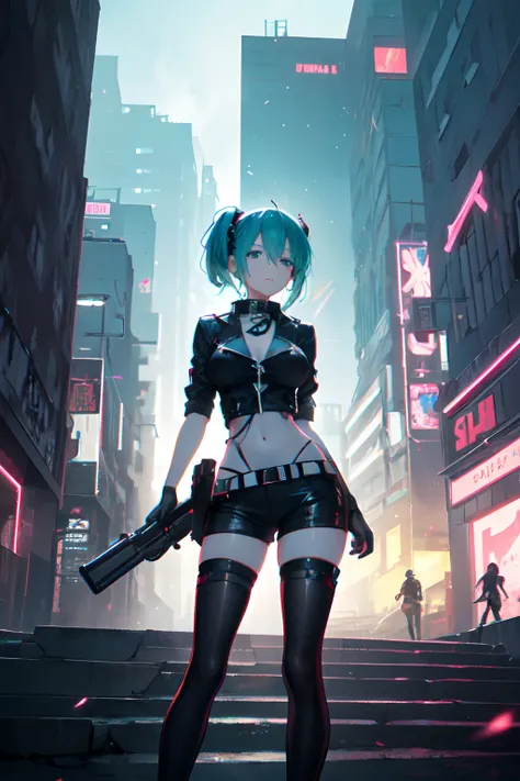 anime girl with gun and uniform in the city, oppai cyberpunk, cyberpunk anime girl, female cyberpunk anime girl, mechanized soldier girl, City neon ligths on her, girl on spotligth, almost dark gigure with ligths hiting her body on eyes, breast, hips, very...