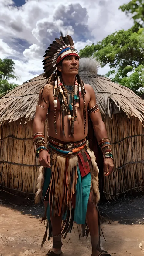 Arafed man in native costume standing in front of a hut, indigenous man, Um guerreiro nativo americano, Guerreiro nativo americano, roupas tribais, Indian warrior, Nativo americano, tribo antiga, Guerreiro habilidoso do Apache, ayahuasca shaman, guerreiro ...