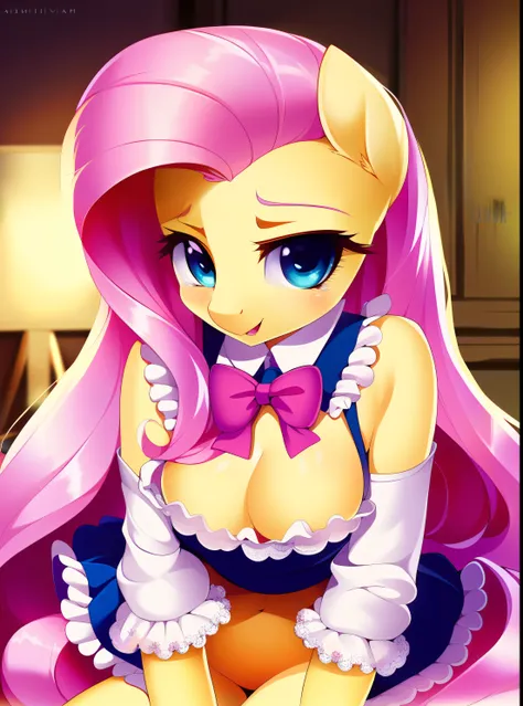 ((derpibooru_p_95)), fluttershy, solo, anthro,((best quality)), ((highly detailed)), masterpiece, (detailed eyes, deep eyes), (1girl), dynamic angle, cowboy shot, mlpfluttershy, pink hair, hair ornament, blue eyes, slight smile, yellow fur, anthro, mlp fur...