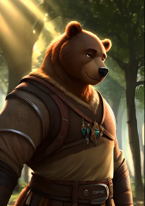 solo ((a male brown bear)) with ((adventurer features)) and ((light brown eyes)) and (bulky features), ((half-length portrait)), ((wear fantasy medieval clothes)), BREAK (detailed background, depth of field, half body shadow, sunlight), (intricate:0.7), (h...